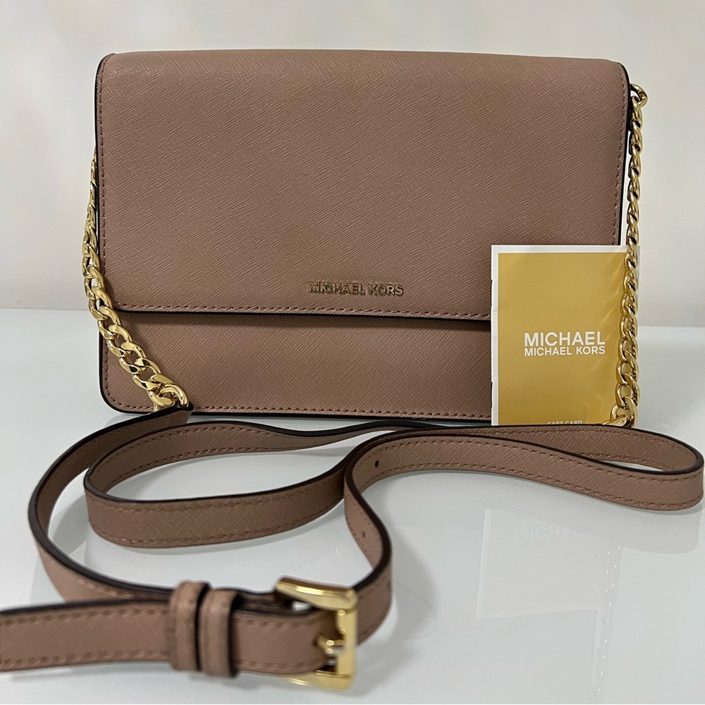 Michael Kors Jet Set Crossbody Bag with Gold Chain Strap and Smooth Leather